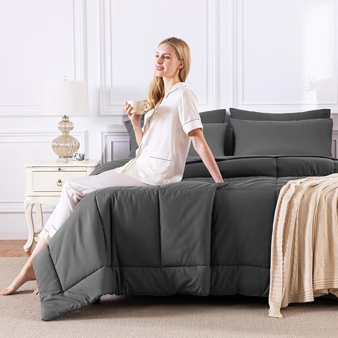 CozyLux California King Comforter Sets Dark Grey, 7 Pieces Cal King Bed in a Bag - Image 7
