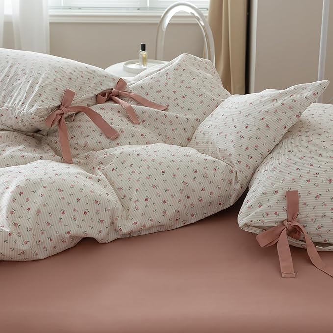mixinni White Flower Pattern Duvet Cover Full Pink Floral Stripes Duvet Cover - Image 5