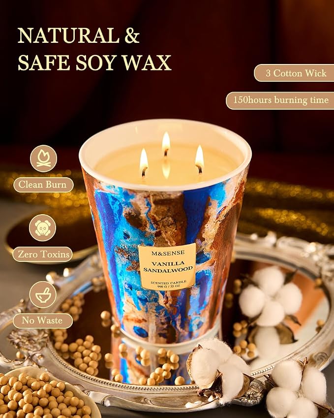 M&SENSE Large Soy Vanilla Sandalwood Scented Candle, 35oz 150 Hours 3-Wick - Image 4