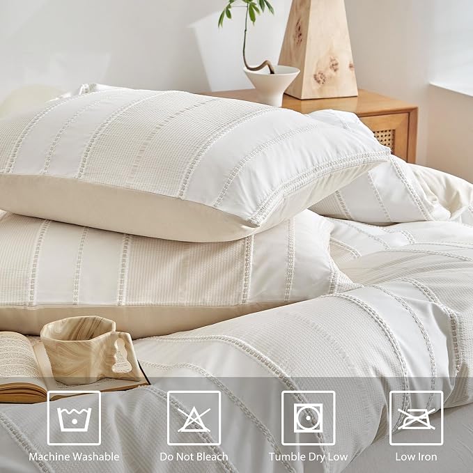 WARMDERN Khaki Striped Weave Duvet Cover Twin Size, Microfiber Textured Bedding - Image 7