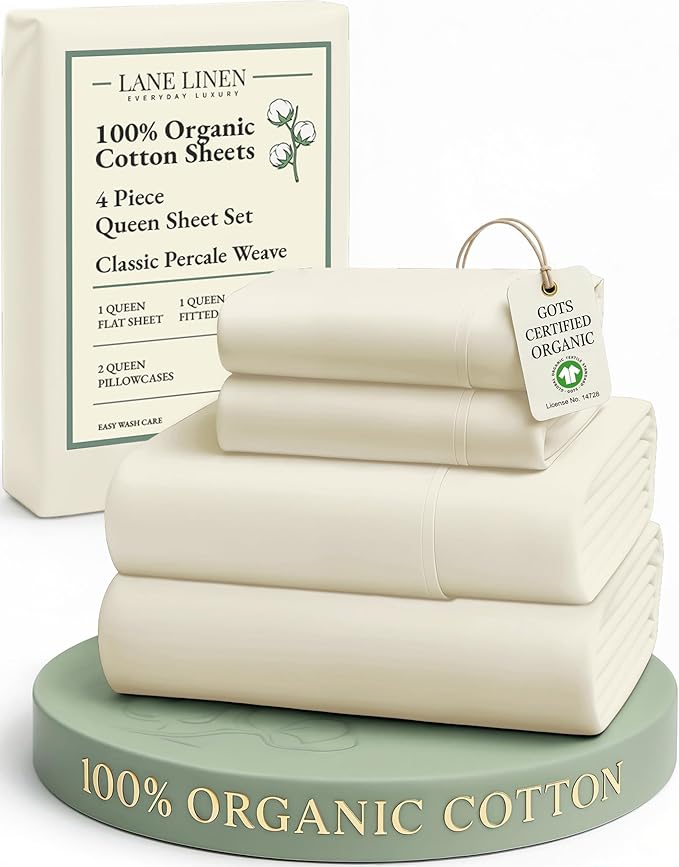 LANE LINEN 100% Organic Cotton Queen Sheets, Classic Percale Weave Bedsheets by LaneLinen