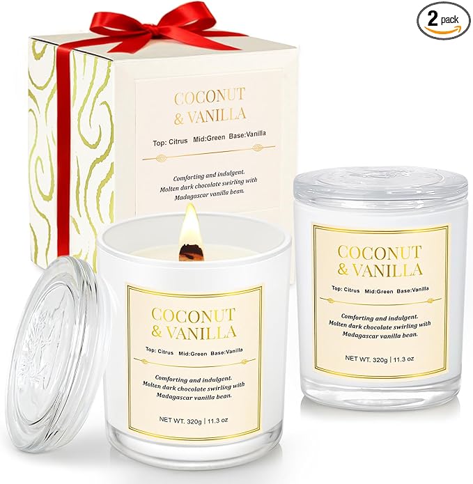 2 Pack Wood Wick Coconut & Vanilla Candle Gift Set – Long Lasting Soy Wax by CJVIUS