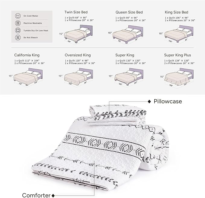 Andency White Oversized Super King Quilt Set, 3 Pieces Boho Lightweight Soft - Image 6