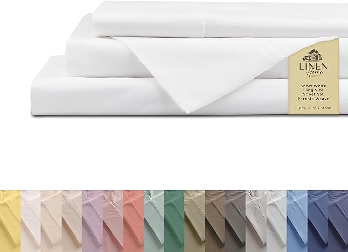 Linen Home 100% Cotton Percale Sheets King Size, Snow White, Deep Pocket by LINENHOME