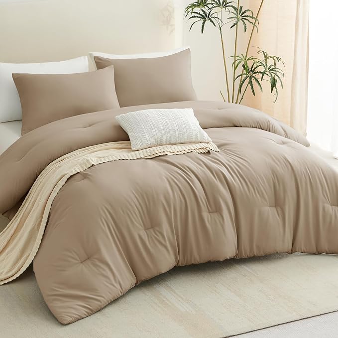 CozyLux King Size Comforter Set Taupe, 3 Pieces Solid Comforters King Size - Image 8