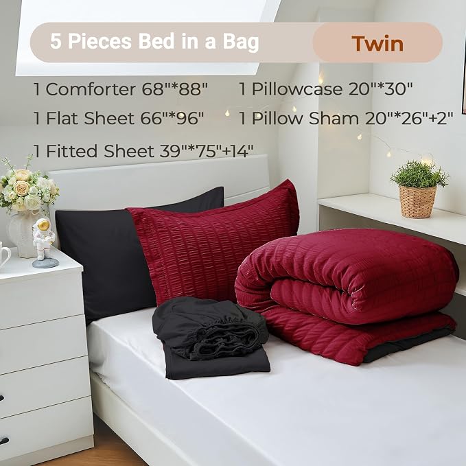 MUXHOMO 5 Pieces Twin Comforter Set, Seersucker Bed in a Bag Twin Size - Image 4