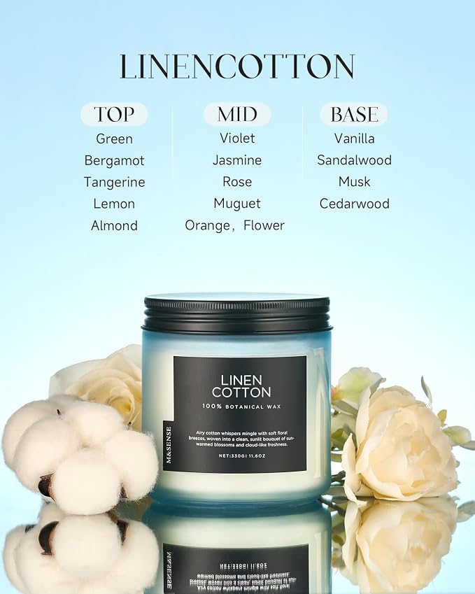 M&SENSE Fresh & Linen Cotton Scented Candles, 11.6oz Natural Soy Wax, 70-Hour - Image 2