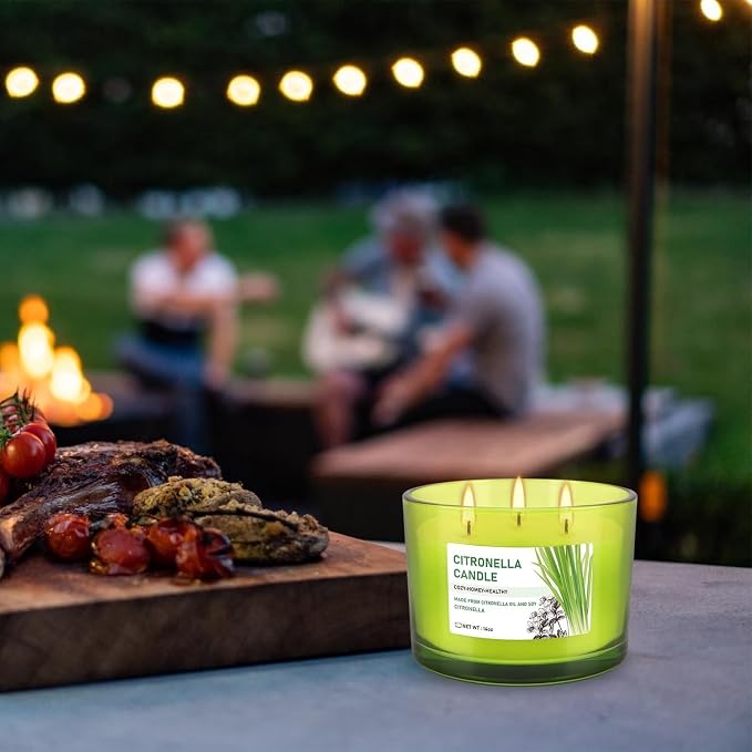 Set of 2 Green Glass Jars Citronella Oil Candles 14oz Smokeless & Outdoor - Image 5