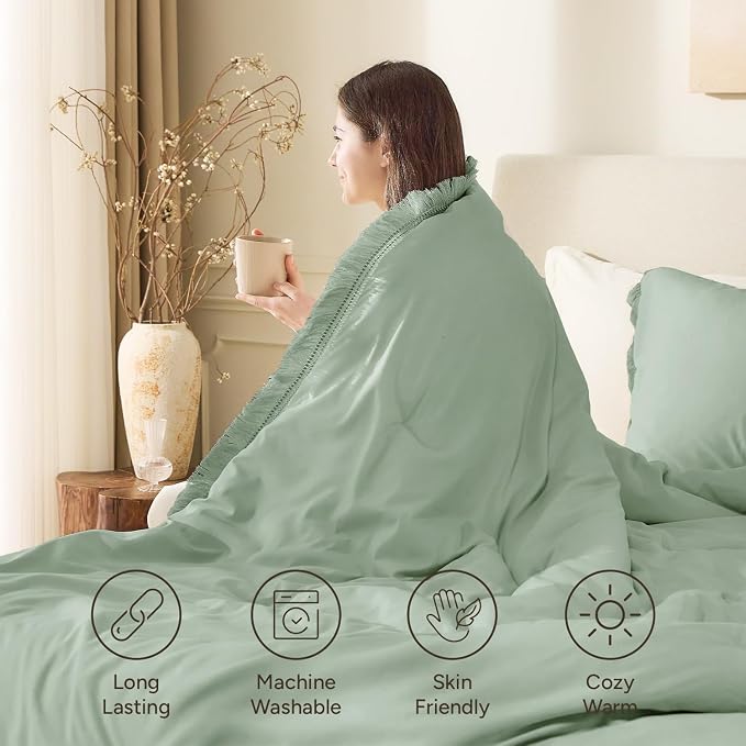Andency Queen Comforter Set Sage Green, 3 Pieces Boho Tassel Lightweight - Image 4
