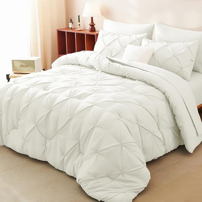 HIMEET Pintuck Bed in a Bag, 7 Pieces King Size Comforter Set Ivory, Luxury - Image 5