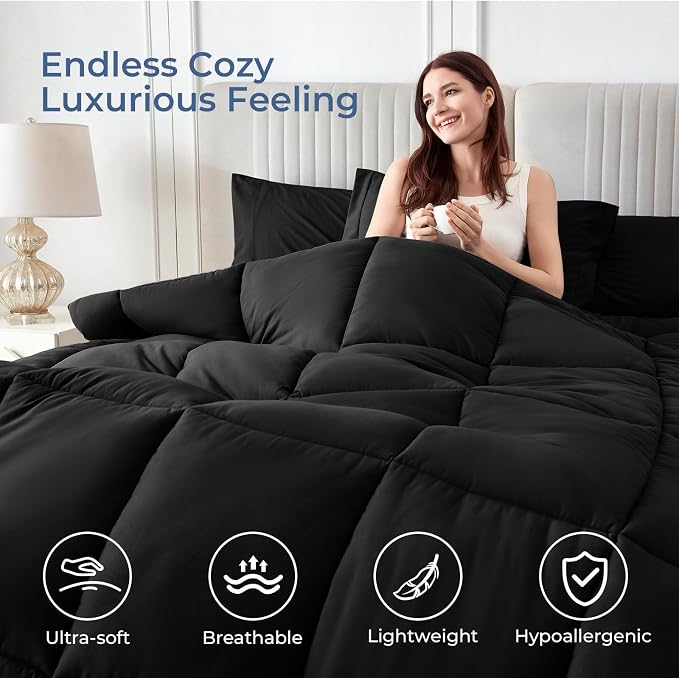 Sasttie King Size Comforter Set Black, 7 Pieces Bed in a Bag King, Complete - Image 2