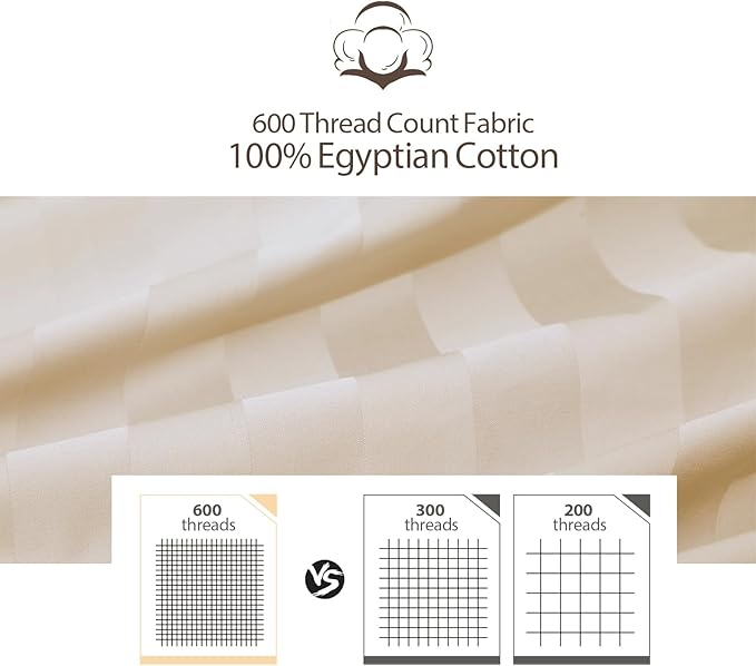Full Size Striped Fitted Sheet Only Beige Color, 100% Egyptian Cotton 600 - Image 3
