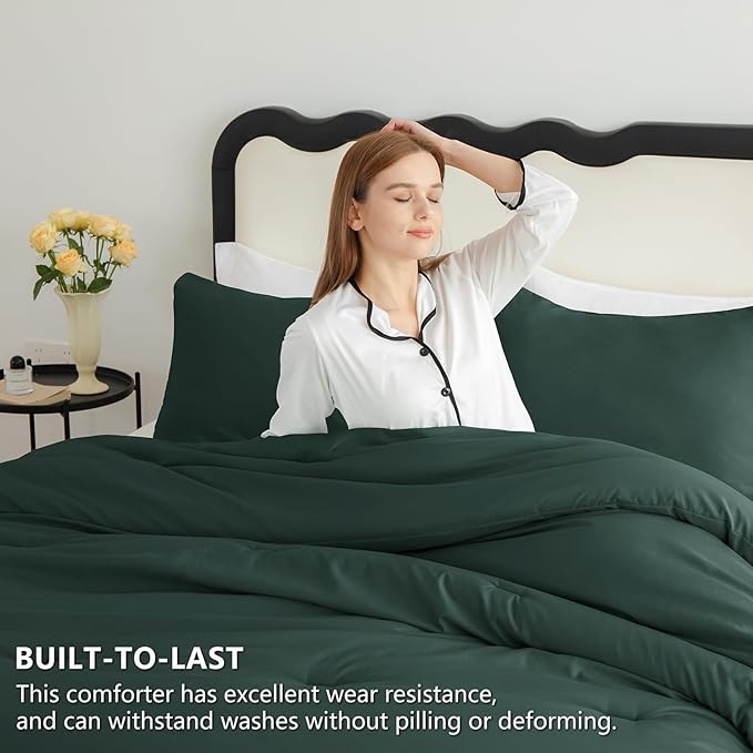 CozyLux Queen Comforter Set Forest Green, 3 Pieces Solid Comforters Queen Size - Image 3