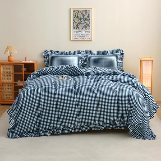 Silnuo Navy Blue/White Plaid Ruffle 3-Piece Duvet Cover Set King Size, Washed by Silnuo