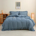 Silnuo Navy Blue/White Plaid Ruffle 3-Piece Duvet Cover Set King Size, Washed by Silnuo