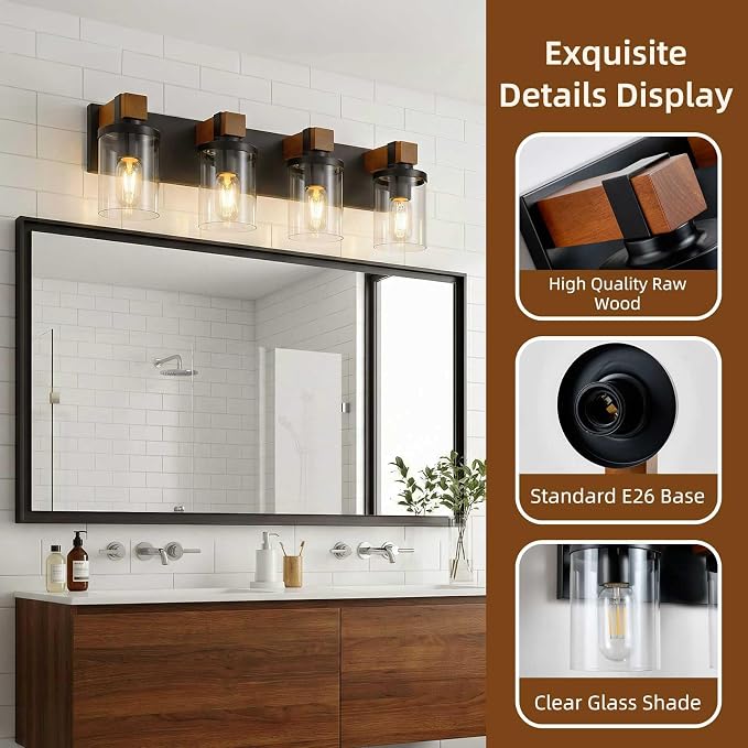 4-Light Farmhouse Bathroom Light Fixtures, Wood Matte Black Vanity Lights Over - Image 3