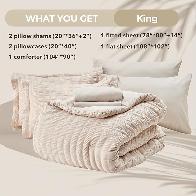HYMOKEGE Beige King Size Comforter Set Seersucker 7 Pieces, All Season Luxury - Image 6