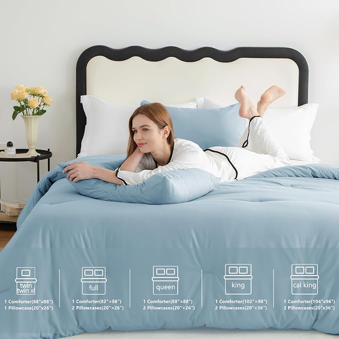 CozyLux Full Size Comforter Set Light Blue, 3 Pieces Solid Breathable Quilted - Image 6