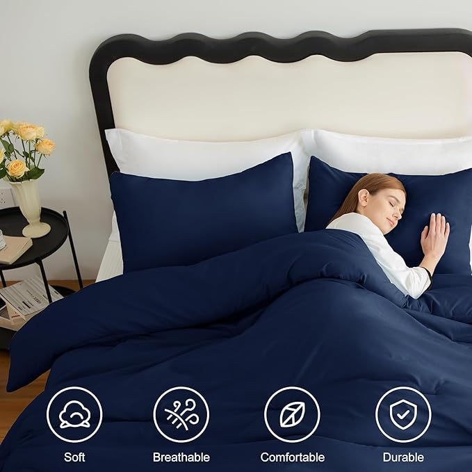 CozyLux Queen Comforter Set Navy Blue, 3 Pieces Solid Comforters Queen Size - Image 4