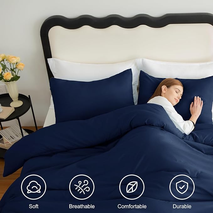 CozyLux Oversized Queen Comforter Set Navy Blue, 3 Pieces 98x98 Solid - Image 5