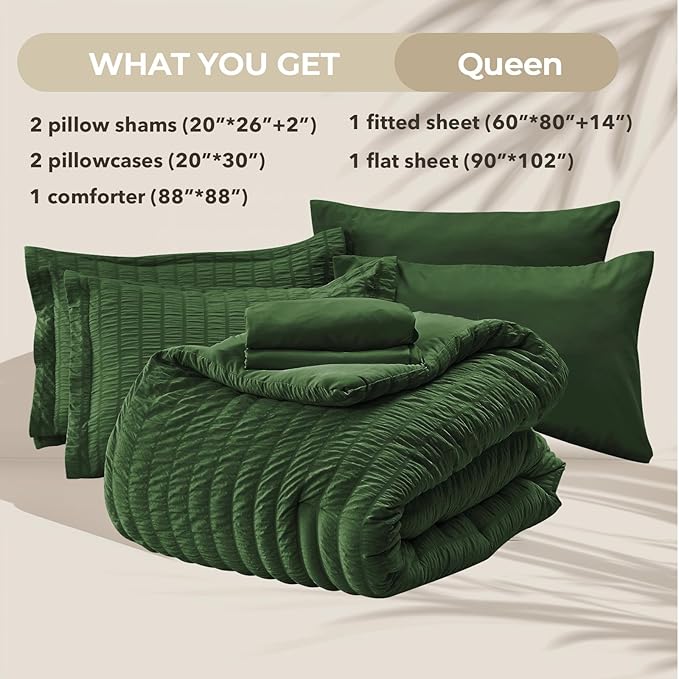 HYMOKEGE Dark Green Queen Comforter Set Seersucker 7 Pieces, All Season Luxury - Image 5