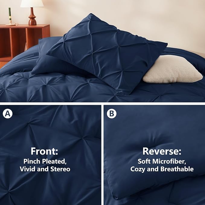 CozyLux Twin XL Comforter Set Navy Blue, 5 Pieces Twin Extra Long Pintuck Bed - Image 3