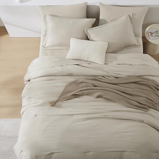 WRENSONGE Light Oatmeal Super King Comforter Set, 7 Pieces Soft Microfiber - Image 5
