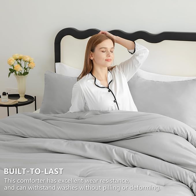 CozyLux Full Size Comforter Set Light Grey, 3 Pieces Solid Breathable Quilted - Image 3