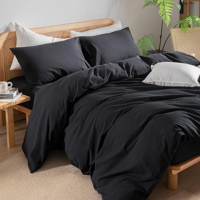 BESTOUCH Duvet Cover Set 100% Washed Cotton Linen Feel Super Soft Comfortable - Image 5