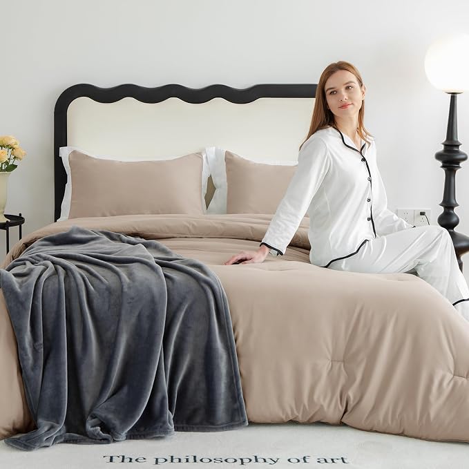 CozyLux Queen Comforter Set Wheat, 3 Pieces Solid Comforters Queen Size - Image 9