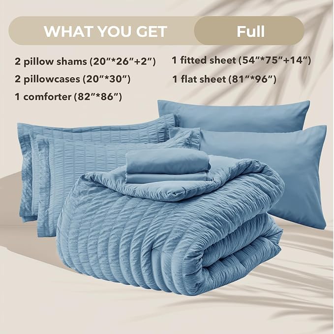 HYMOKEGE Mineral Blue Full Size Comforter Sets Seersucker 7 Pieces, All Season - Image 5