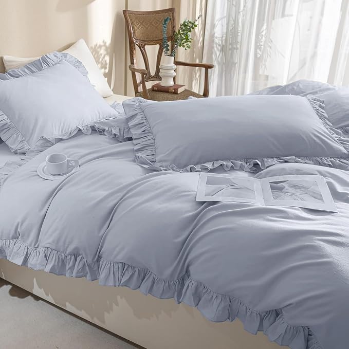 QSH Washed Cotton Ruffle Duvet Cover King Size, 3 Pieces Cornflower Blue - Image 6