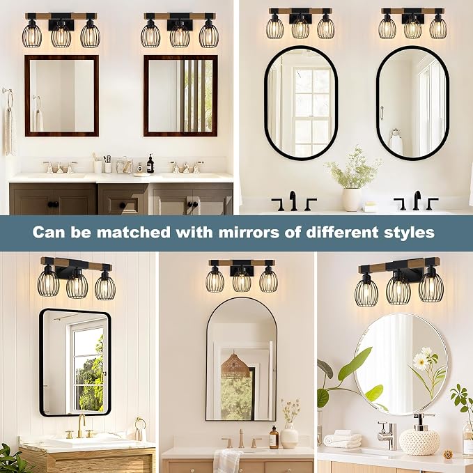 3-Light Farmhouse Bathroom Vanity Light Fixtures, Rustic Wood Bathroom Light - Image 6