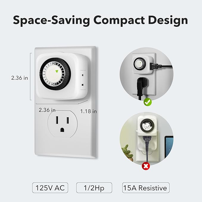 HBN Indoor Timers Plug Mechanical 2 Prong 24-Hour Mini Lamp Timers 2 Pack - Image 3