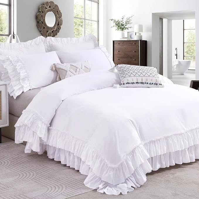 QSH Ruffle White Duvet Cover King Size-Washed Cotton Shabby Farmhouse Chic by QSH