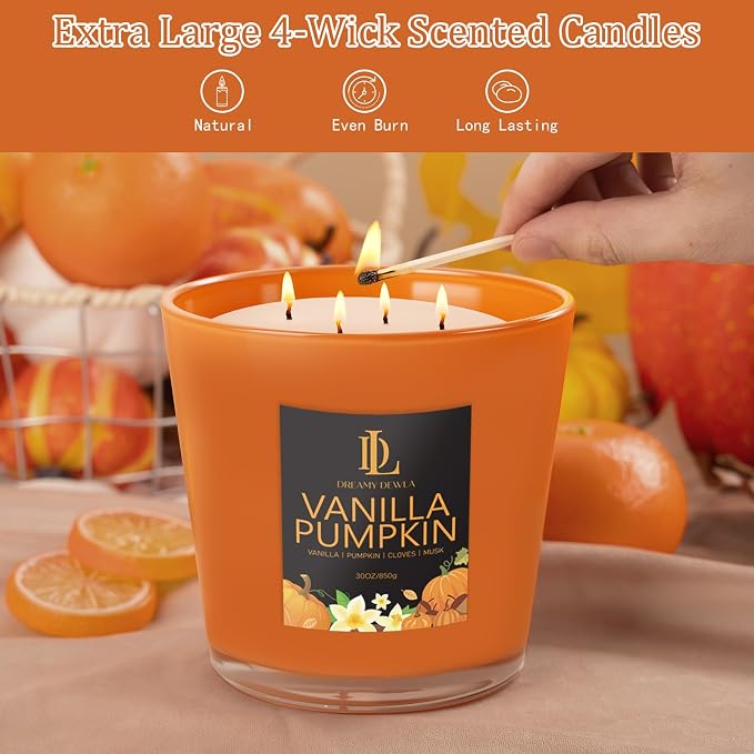 Large Candle Vanilla Pumpkin Scented, 4 Wick Natural Soy Candles - Image 4