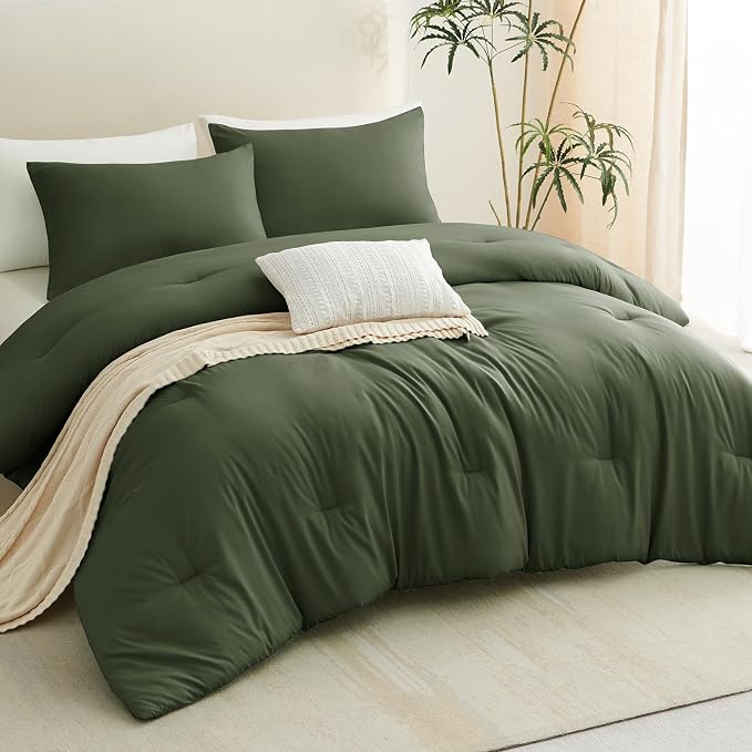CozyLux Oversized Queen Comforter Set Olive Green, 3 Pieces 98x98 Solid - Image 8