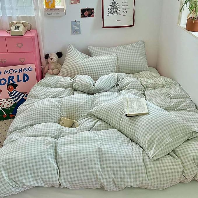 Nayoroom Green Gingham Duvet Cover Queen Size Plaid Dorm Bedding Set 3 Pieces - Image 5