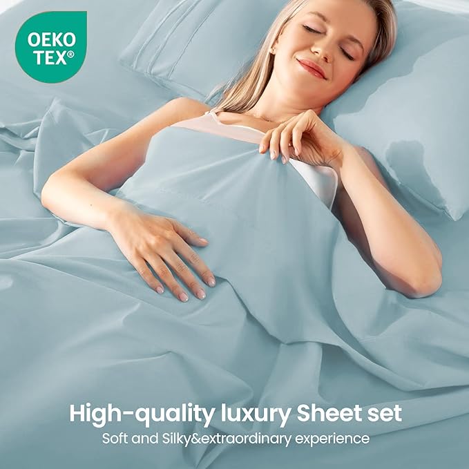 ROSE&RISY Light Blue King Sheet Set, 4 Pieces Soft Bedding King Sheet Set - Image 2
