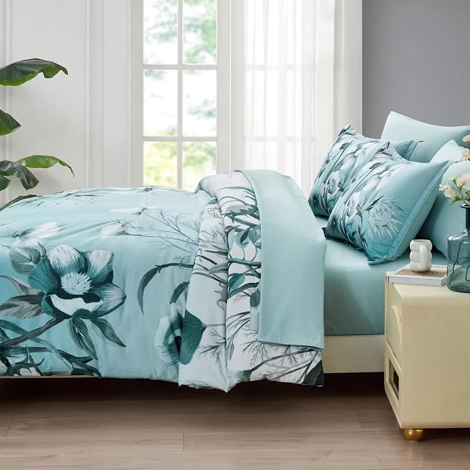 Luxudecor Floral Comforter Set King Size 7 Piece, Aqua Flower Bed in a Bag - Image 8
