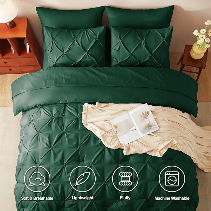 HIMEET Pintuck Bed in a Bag, 7 Pieces King Size Comforter Set Emerald Green - Image 2