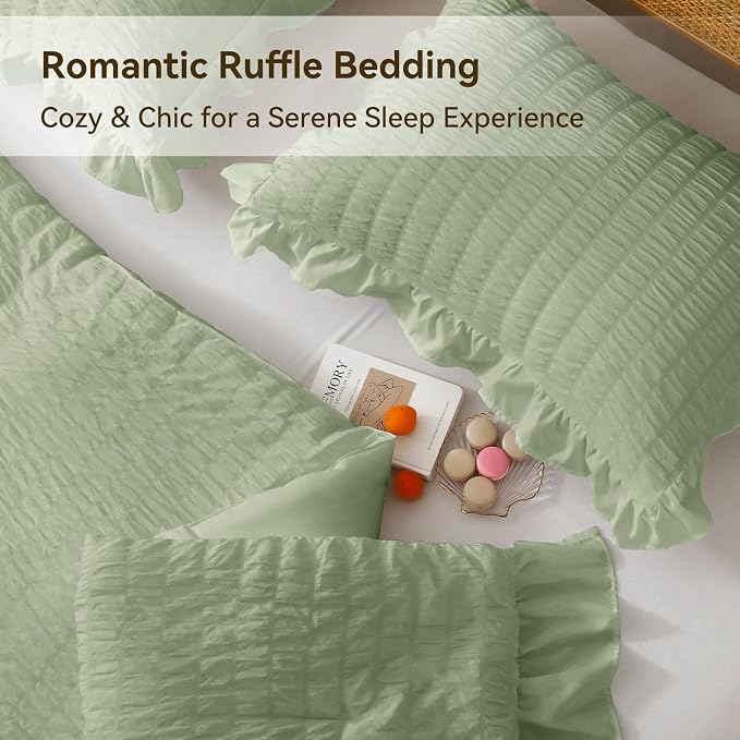 JOLLYVOGUE Sage Green Queen Comforter Set, 3 Pieces Seersucker Comforters Queen - Image 4