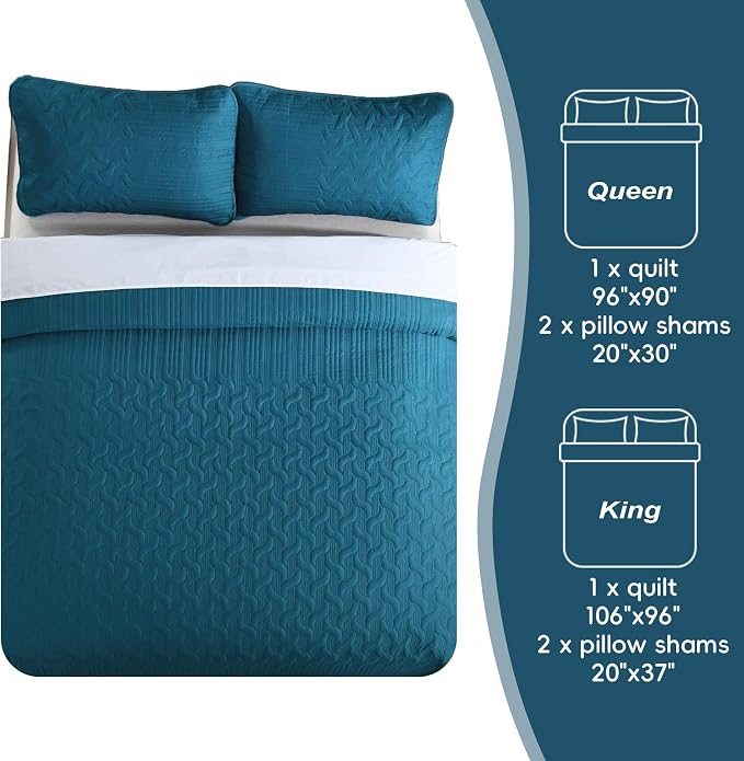 Yiran Teal Blue Quilt Set King Size Lightweight Bedspread Ultrasonic Wave - Image 8