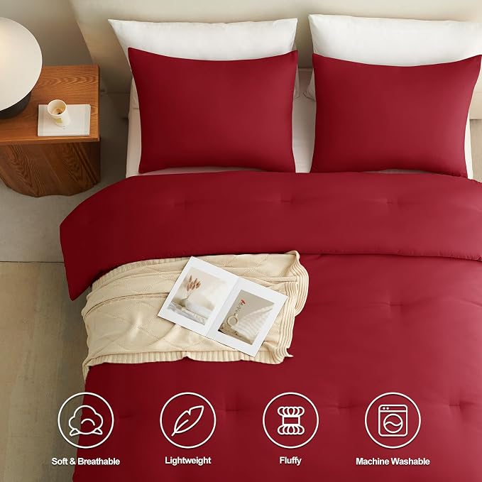 CozyLux Full Size Comforter Set Dark Red, 3 Pieces Solid Breathable Quilted - Image 5