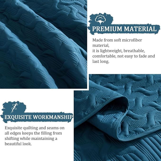 Yiran Teal Blue Quilt Set King Size Lightweight Bedspread Ultrasonic Wave - Image 6