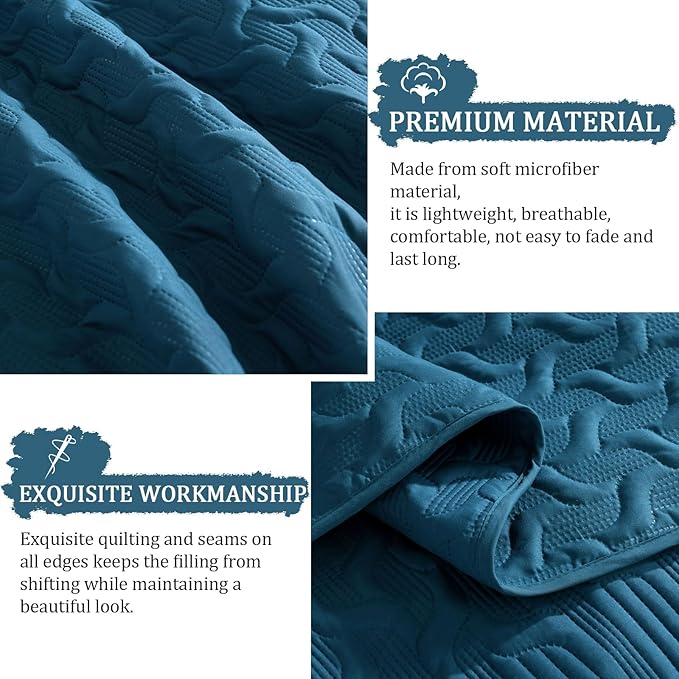 Yiran Teal Blue Quilt Set Queen Size Lightweight Bedspread Ultrasonic Wave - Image 6
