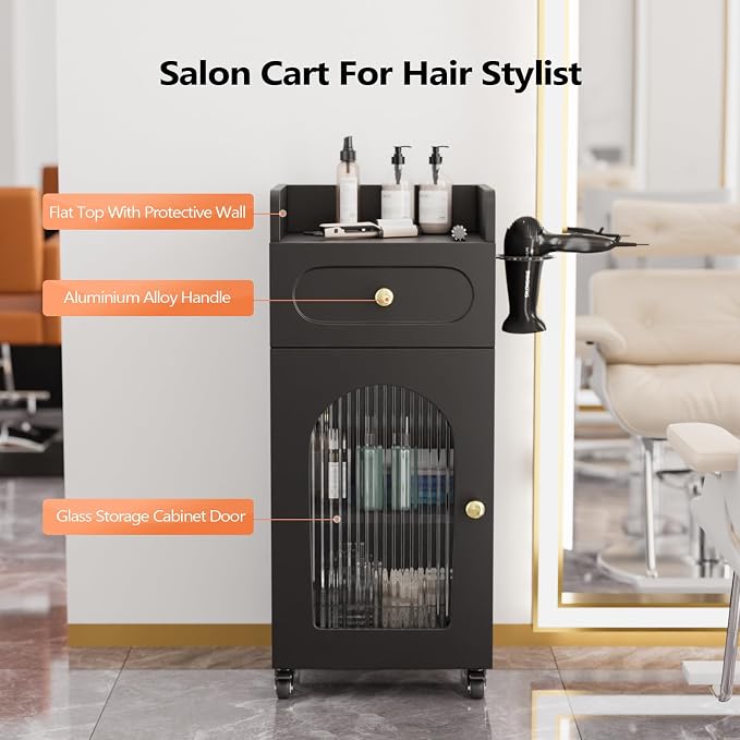 Salon Cart with Wheels & Adjustable Shelf, Esthetician, Storage Cabinet w/Glass - Image 3