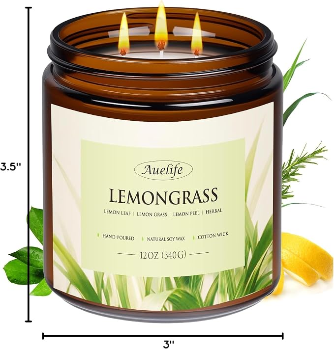 Lemongrass Scented Candle | 3-Wick Jar Candle - 12oz Natural Soy Wax - - Image 8