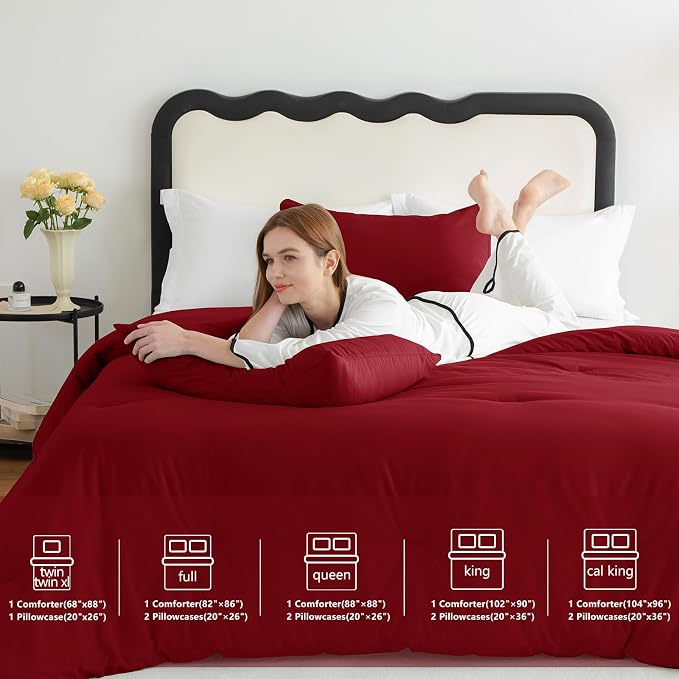 CozyLux Full Size Comforter Set Dark Red, 3 Pieces Solid Breathable Quilted - Image 7