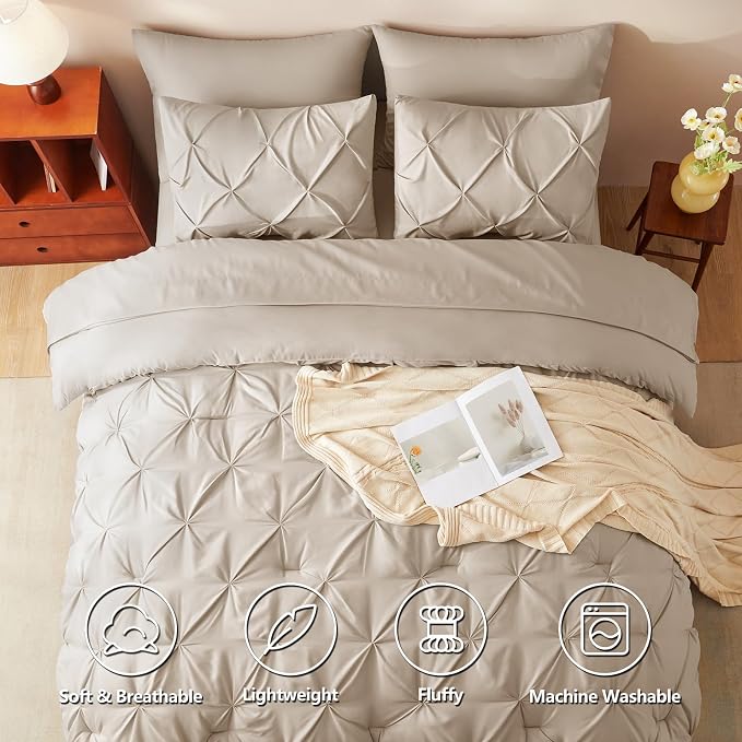 CozyLux Full Size Comforter Sets Wheat, 7 Pieces Pintuck Bed in A Bag Wheat - Image 2